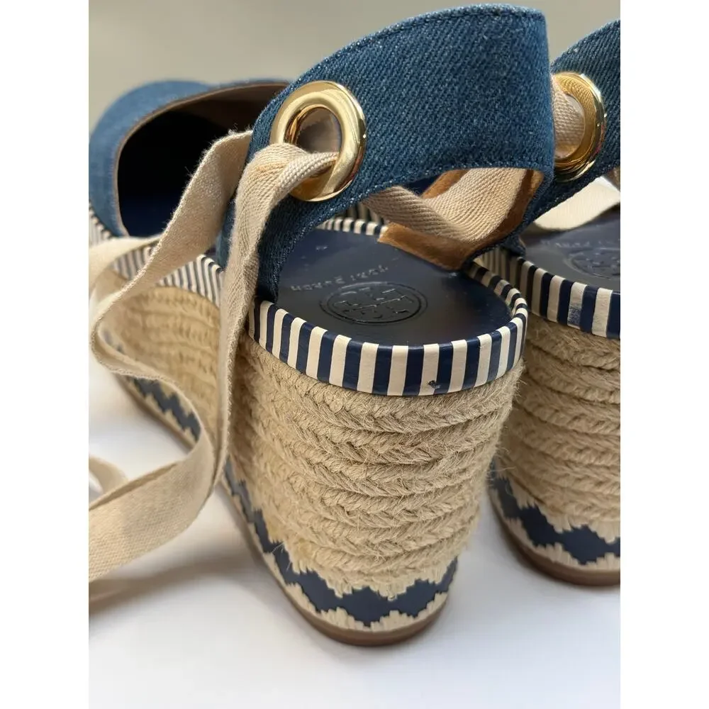 TORY BURCH DANDY Espadrille Platform SZ 6.5M Blue Jean Ankle Wrap Sandals - Picture 10 of 13